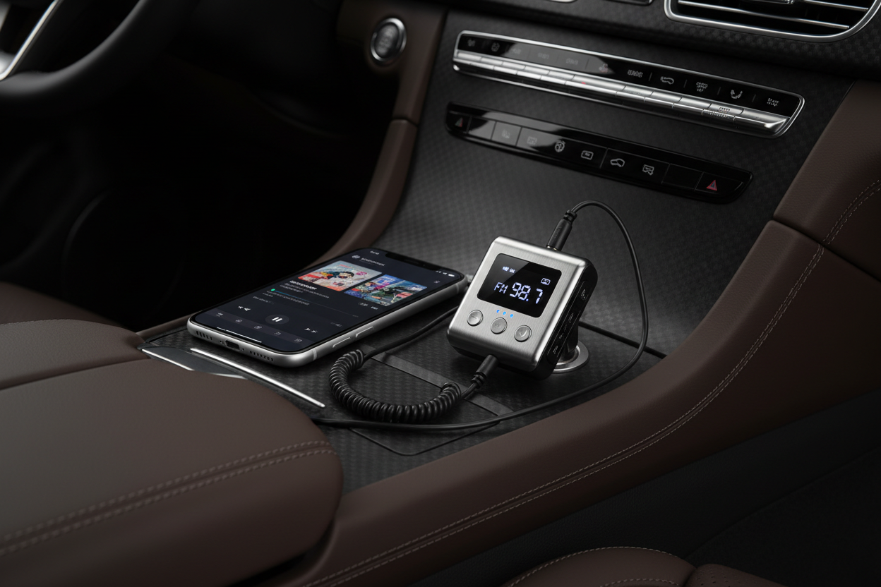Émetteur FM Bluetooth compact tenu en main